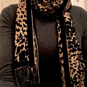 Leopard print scarf with black fringe